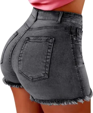 High Waisted Jeans Shorts for Women Skinny Stretchy Denim Shorts Casual Summer Frayed Raw Hem Ripped Short Jeans