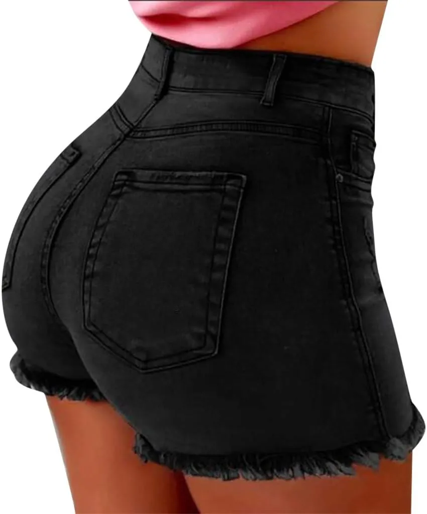 High Waisted Jeans Shorts for Women Skinny Stretchy Denim Shorts Casual Summer Frayed Raw Hem Ripped Short Jeans