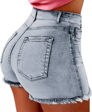 High Waisted Jeans Shorts for Women Skinny Stretchy Denim Shorts Casual Summer Frayed Raw Hem Ripped Short Jeans