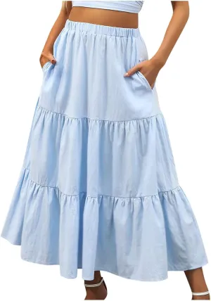hlysgo Long Skirts for Women Casual Ruffle Tiered Skirts Trendy Boho Solid Flowy Swing Maxi Skirt with Pockets