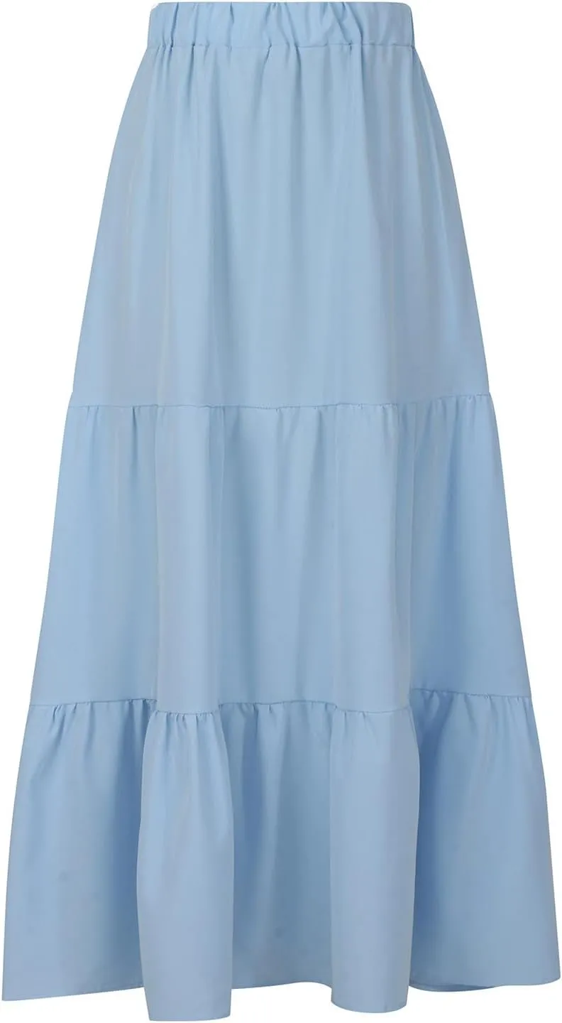 hlysgo Long Skirts for Women Casual Ruffle Tiered Skirts Trendy Boho Solid Flowy Swing Maxi Skirt with Pockets