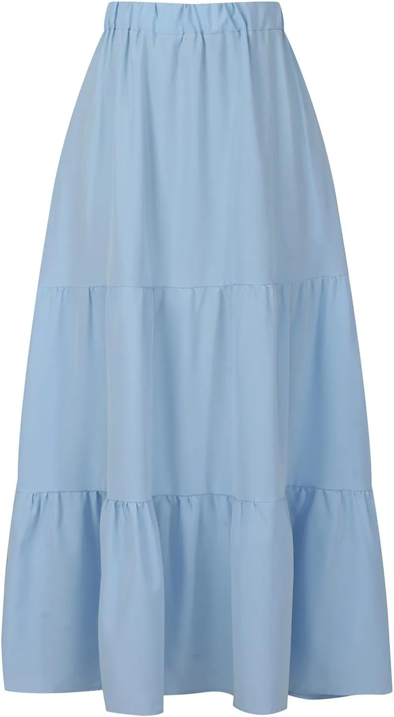 hlysgo Long Skirts for Women Casual Ruffle Tiered Skirts Trendy Boho Solid Flowy Swing Maxi Skirt with Pockets
