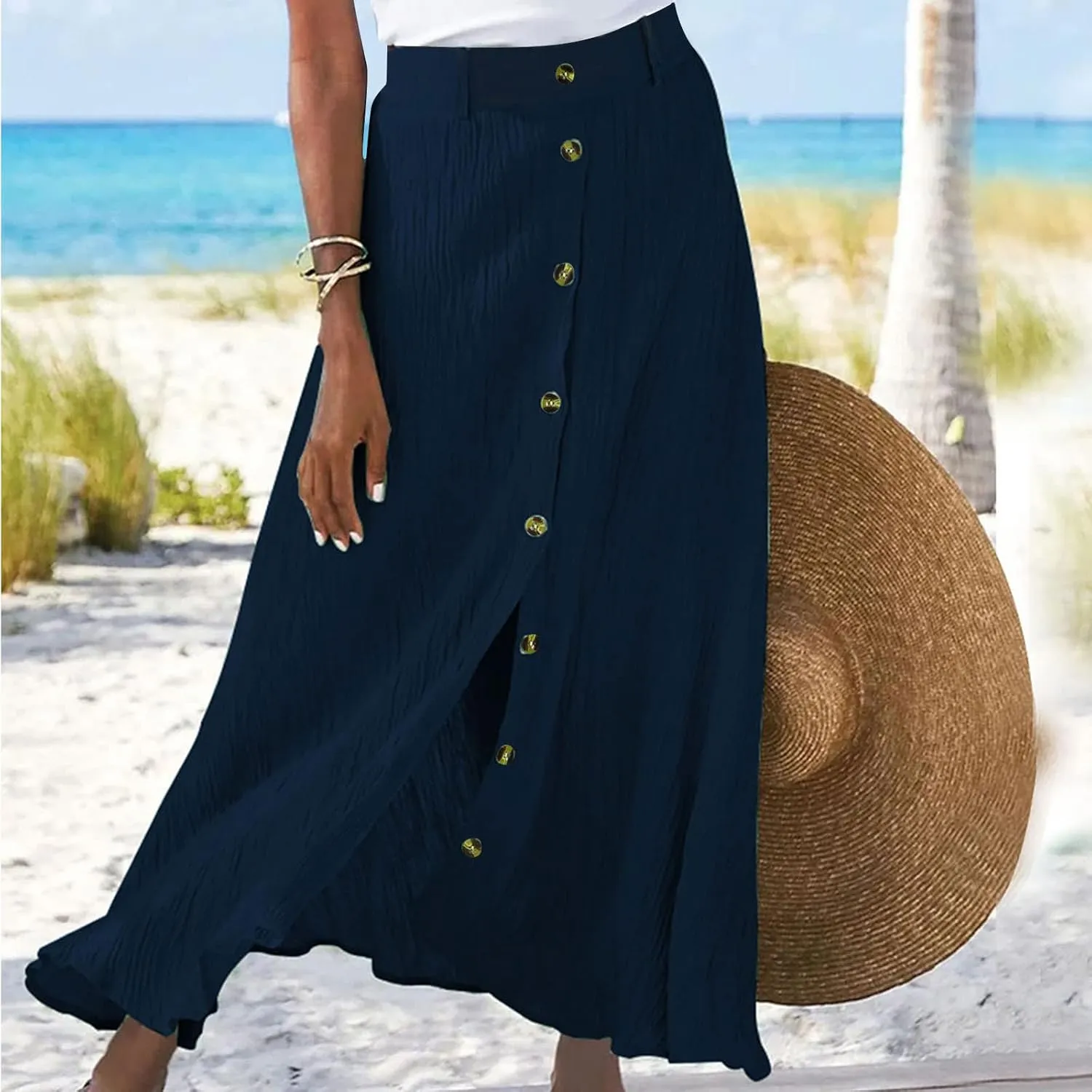hlysgo Womens Casual High Waist Button Down Front Long Maxi Skirt Boho Solid Flowy Skirts Summer Beach Dresses