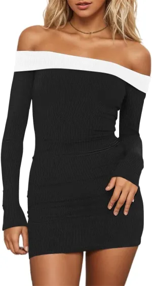 HYPERFIRE Women's Sexy Elegant Off The Shoulder Ribbed Long Sleeve Dress Party Mini Dresses