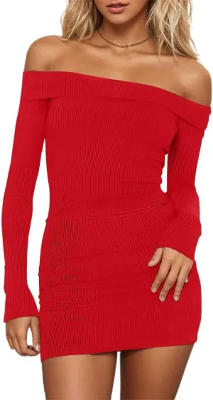 HYPERFIRE Women's Sexy Elegant Off The Shoulder Ribbed Long Sleeve Dress Party Mini Dresses