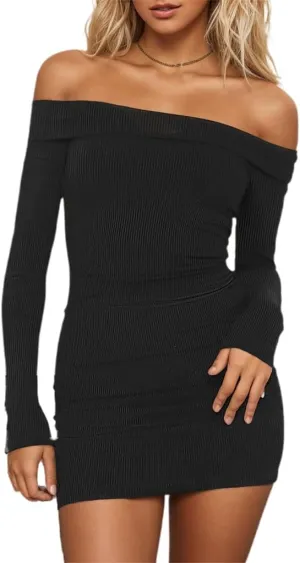 HYPERFIRE Women's Sexy Elegant Off The Shoulder Ribbed Long Sleeve Dress Party Mini Dresses
