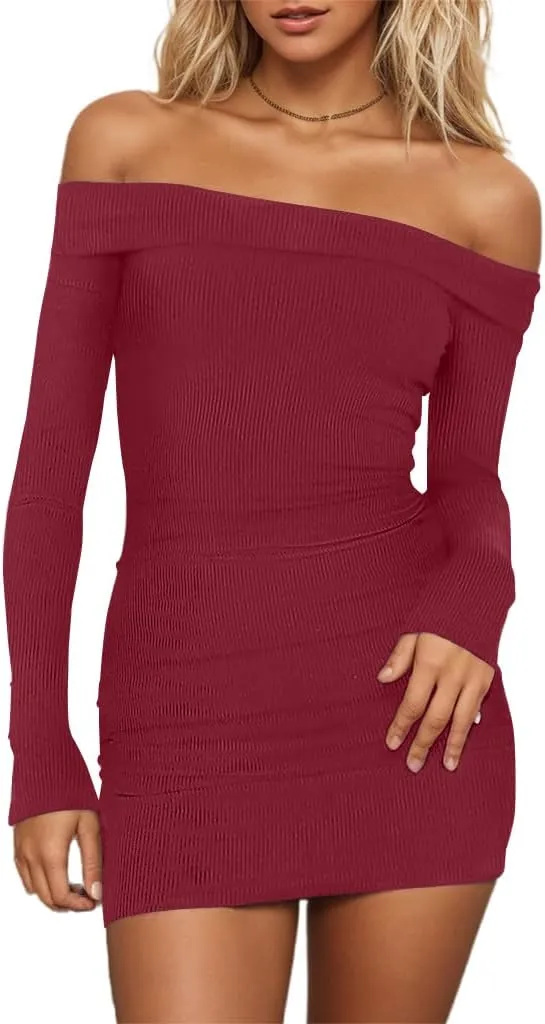 HYPERFIRE Women's Sexy Elegant Off The Shoulder Ribbed Long Sleeve Dress Party Mini Dresses