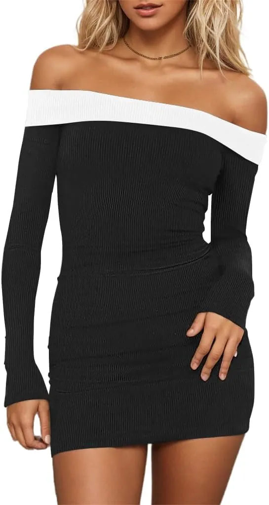 HYPERFIRE Women's Sexy Elegant Off The Shoulder Ribbed Long Sleeve Dress Party Mini Dresses