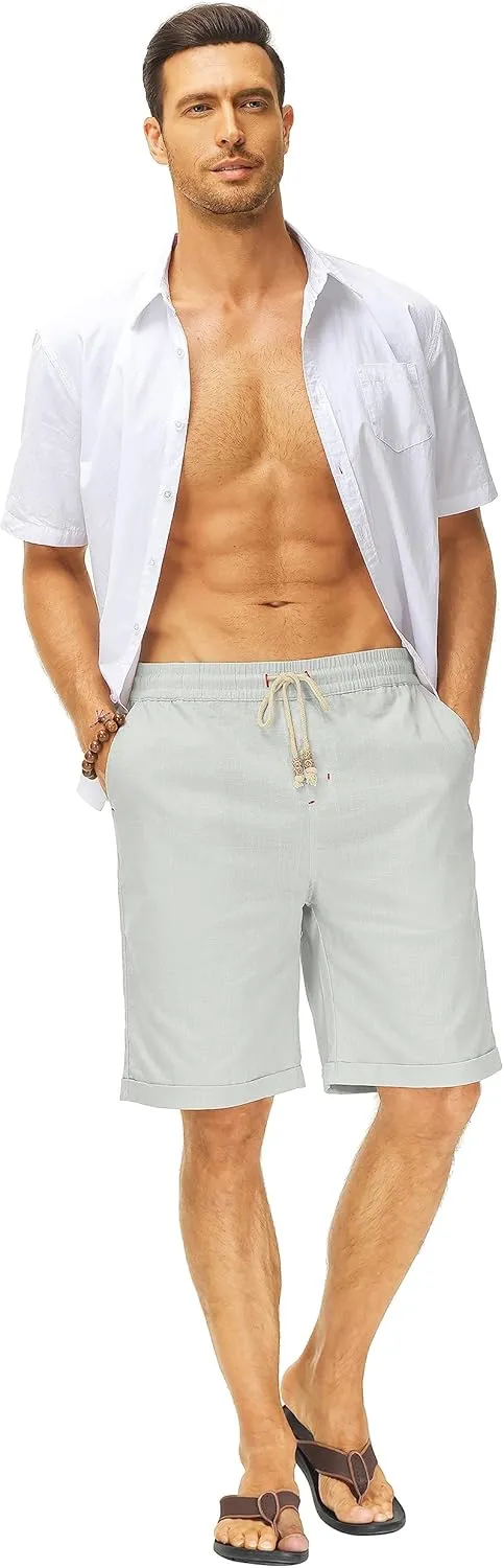 Janmid Men's Linen Shorts Casual Elastic Waist Drawstring Summer Beach Shorts