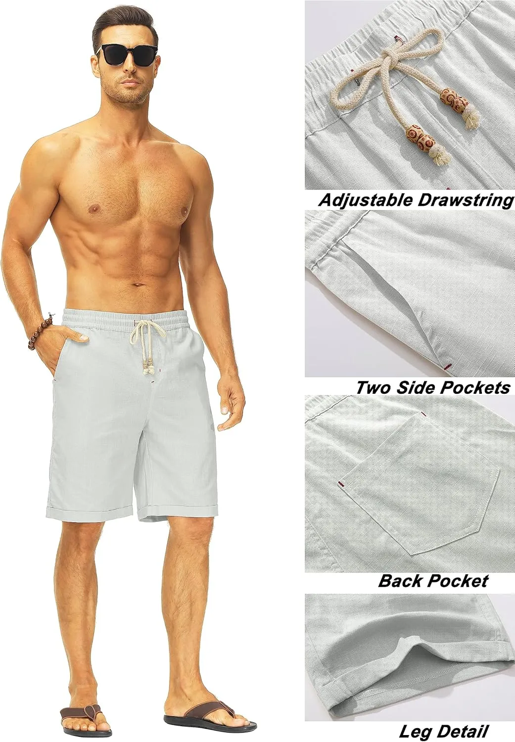 Janmid Men's Linen Shorts Casual Elastic Waist Drawstring Summer Beach Shorts