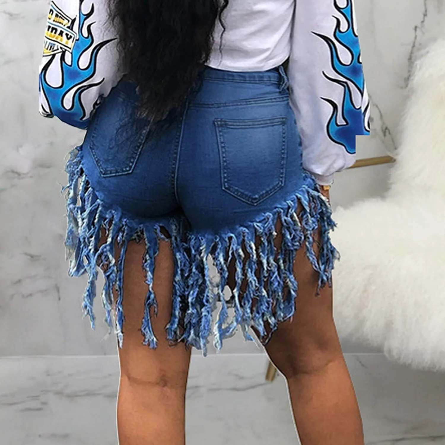 Jean Shorts for Women Juniors, Womens Casual Summer High Waisted Stretchy Frayed Raw Hem Tassels Denim Shorts