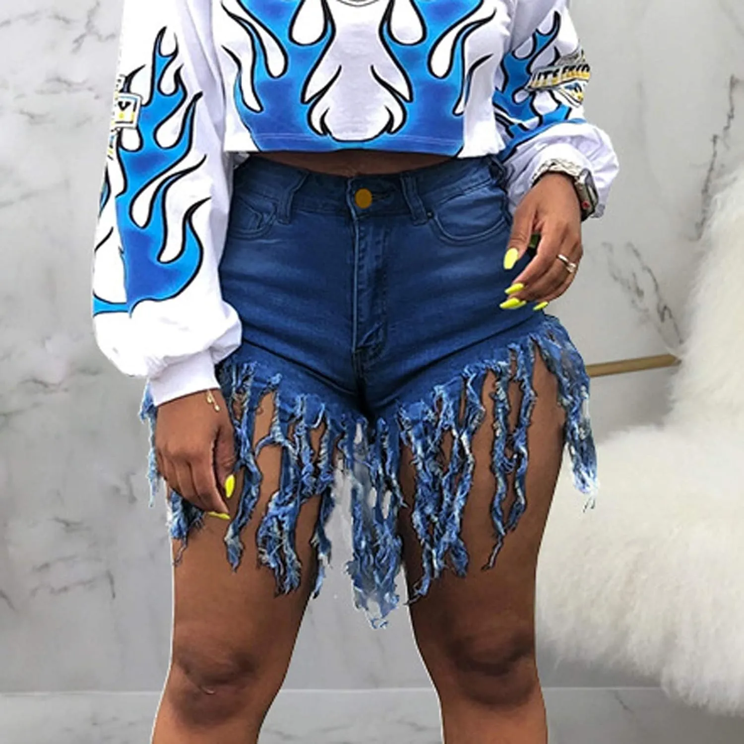 Jean Shorts for Women Juniors, Womens Casual Summer High Waisted Stretchy Frayed Raw Hem Tassels Denim Shorts