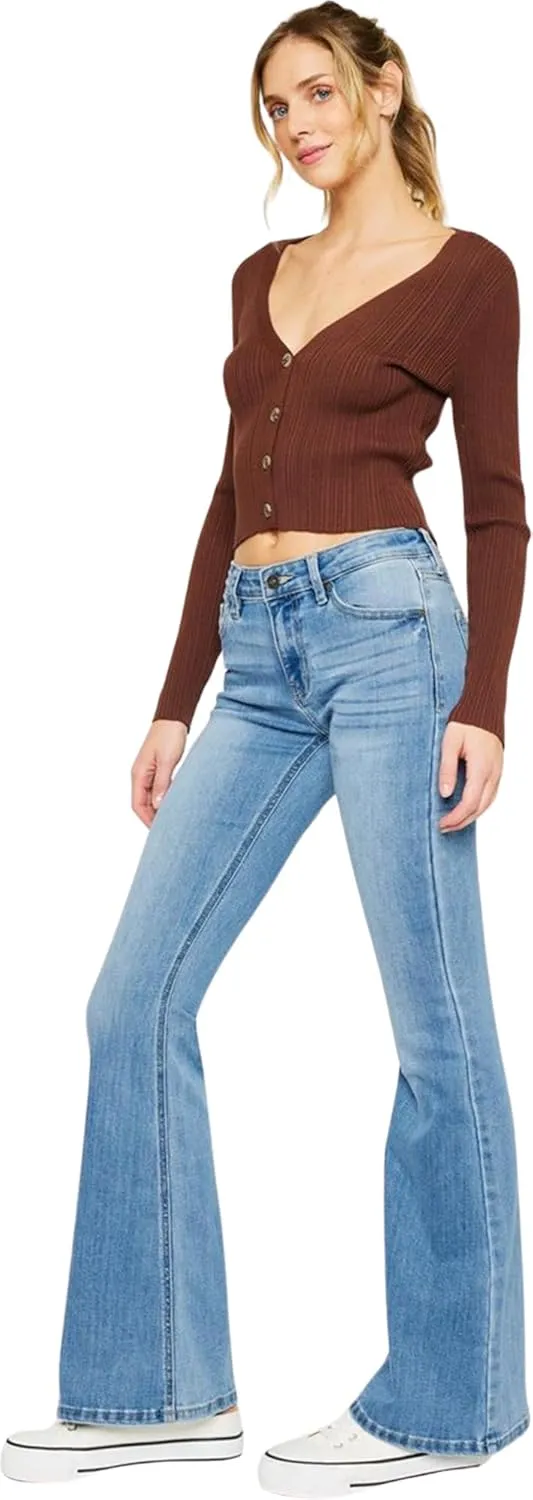 Kan Can Women's Mid Rise Flare Hem Jeans