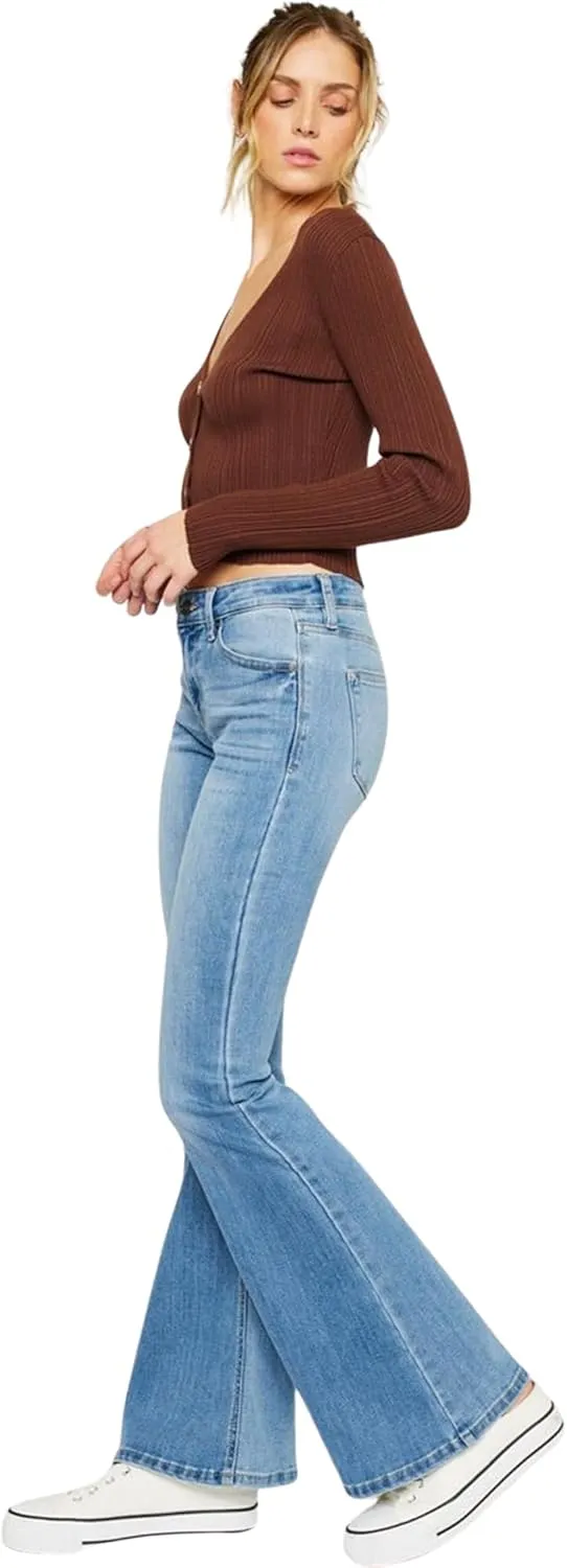 Kan Can Women's Mid Rise Flare Hem Jeans