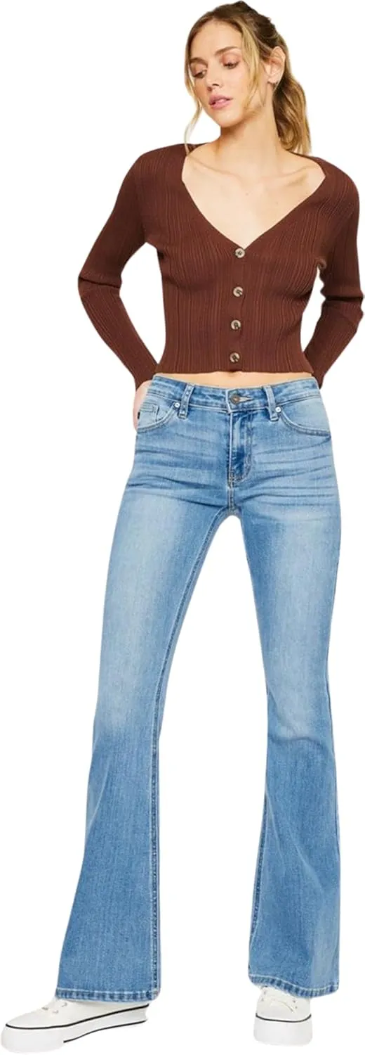 Kan Can Women's Mid Rise Flare Hem Jeans