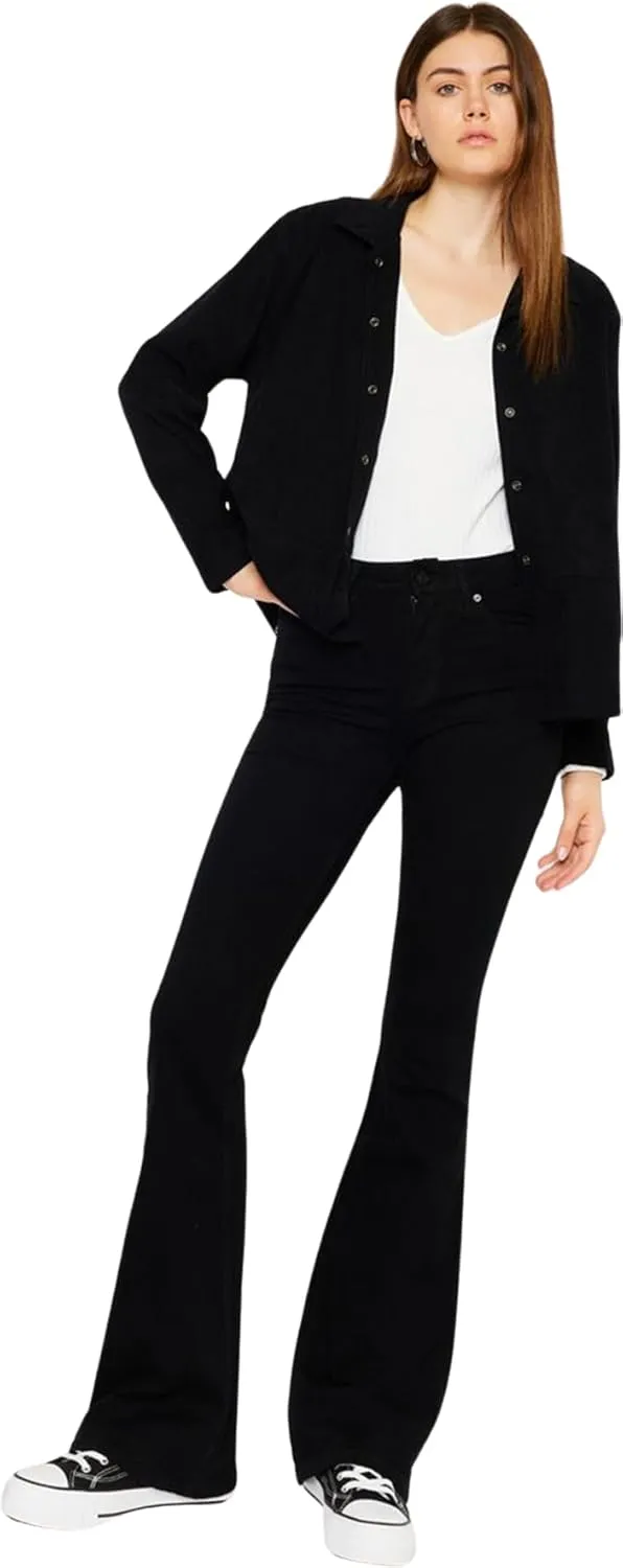 Kan Can Women's Mid Rise Flare Hem Jeans