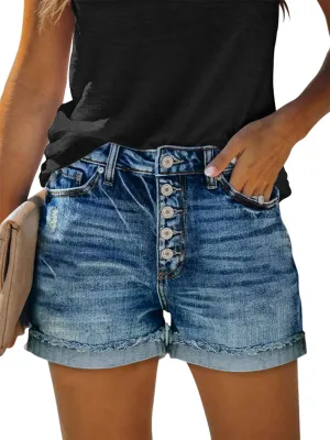 KISSMODA Denim Shorts Women Trendy Button Summer Cut Off Short Womens Jean Shorts High Waisted Denim Hot Ripped Shorts