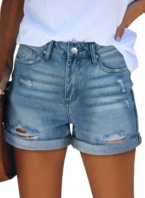 KISSMODA Denim Shorts Women Trendy Button Summer Cut Off Short Womens Jean Shorts High Waisted Denim Hot Ripped Shorts