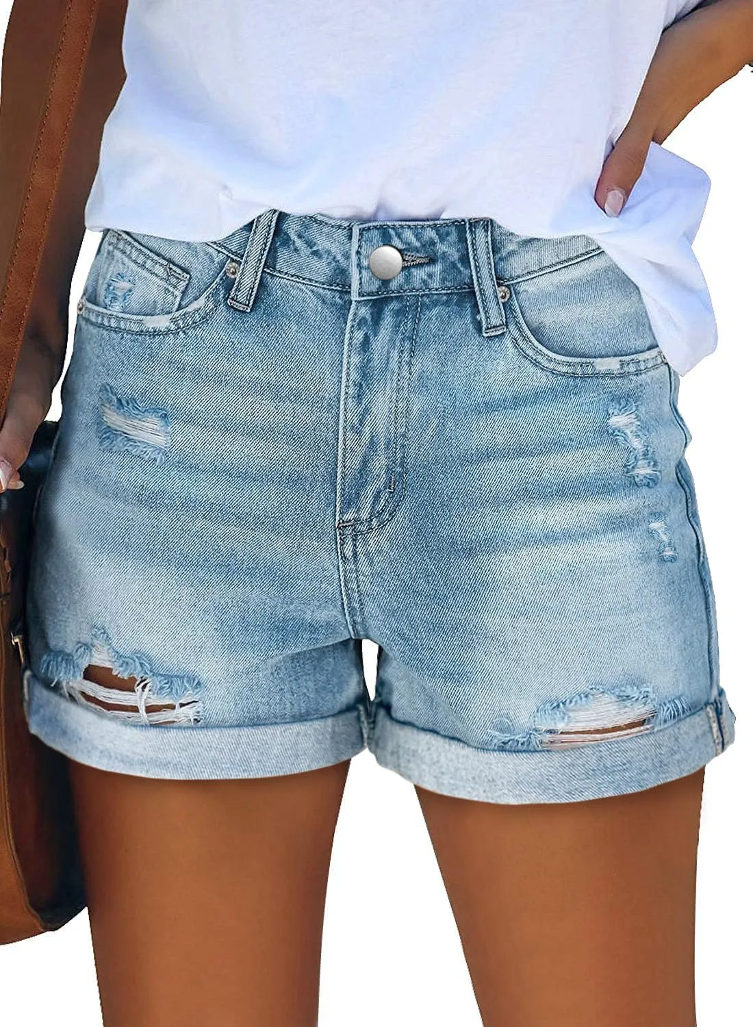 KISSMODA Denim Shorts Women Trendy Button Summer Cut Off Short Womens Jean Shorts High Waisted Denim Hot Ripped Shorts