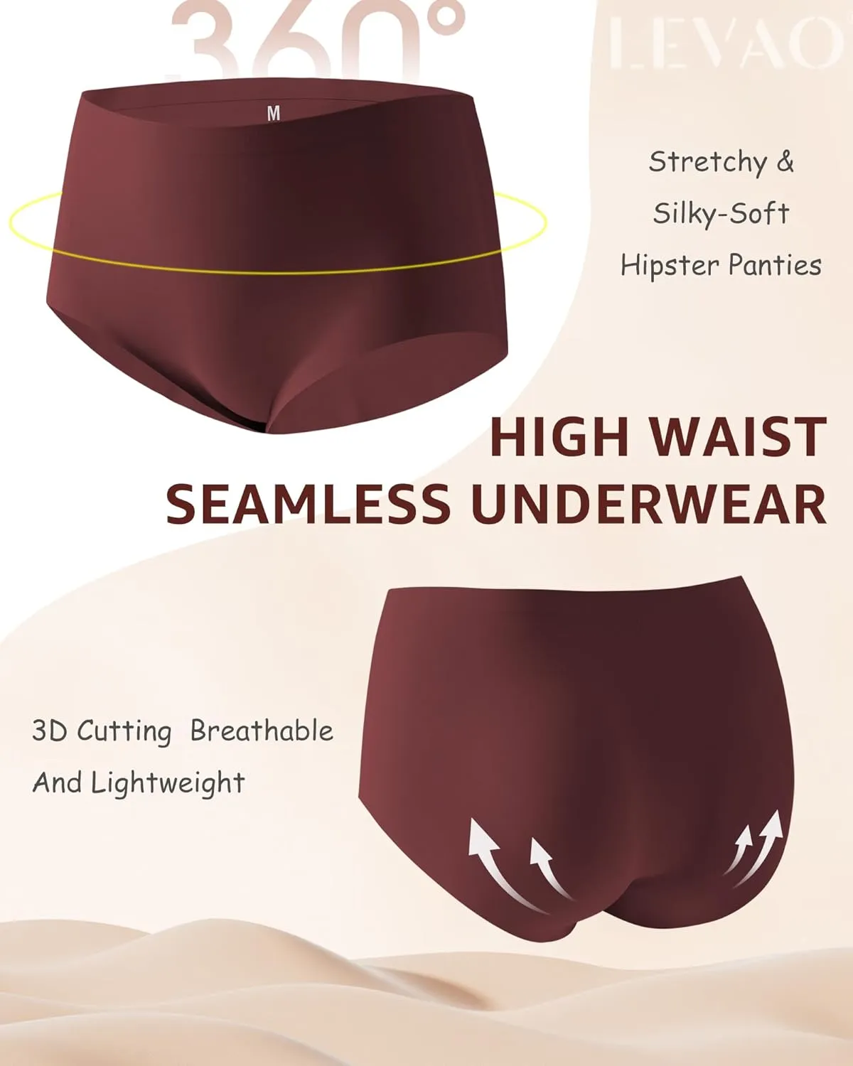 LEVAO Women's High Waisted Seamless Underwear No Show Full Coverage Briefs Stretchy Invisible Panties Cheeky Pack of 6