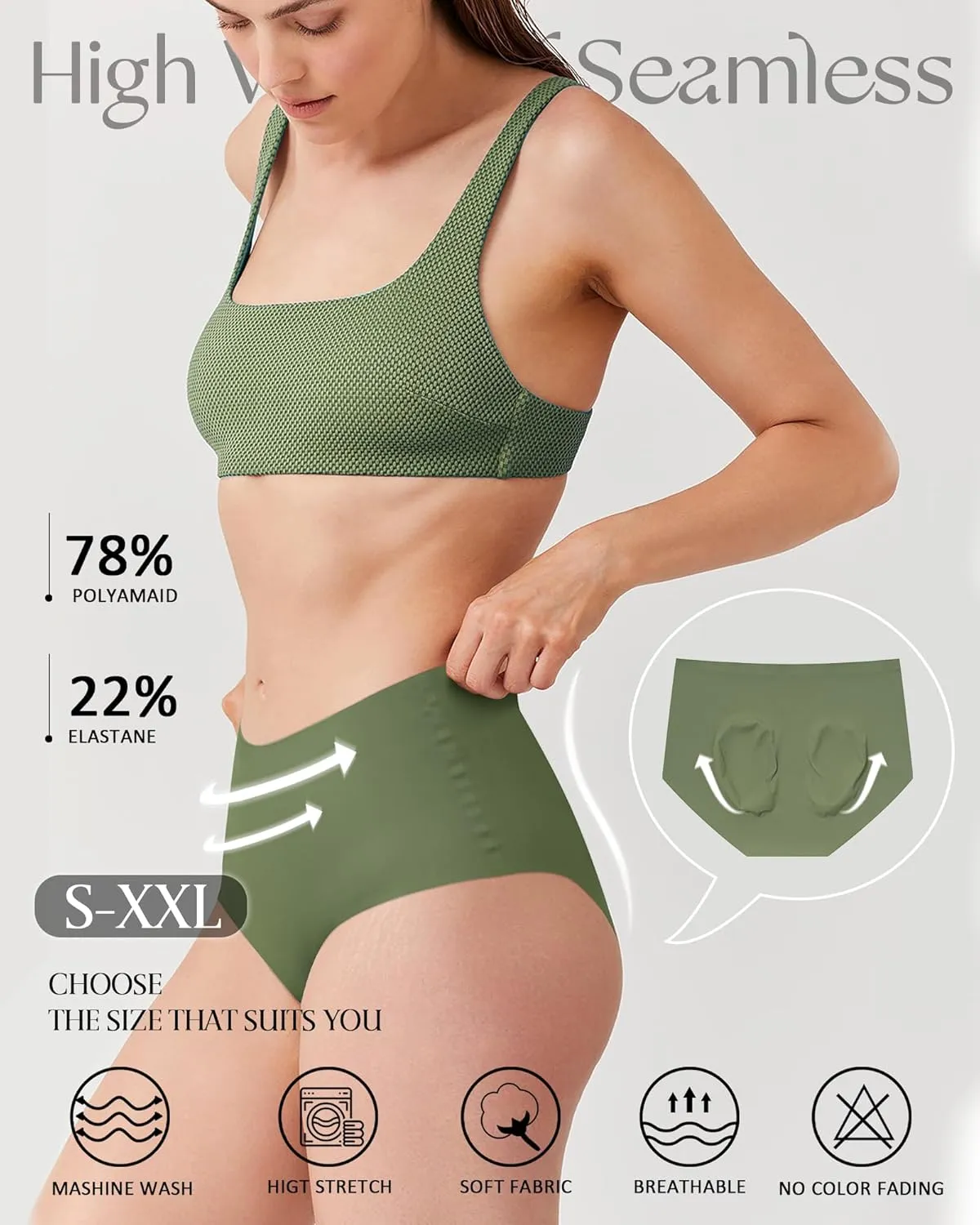 LEVAO Women's High Waisted Seamless Underwear No Show Full Coverage Briefs Stretchy Invisible Panties Cheeky Pack of 6