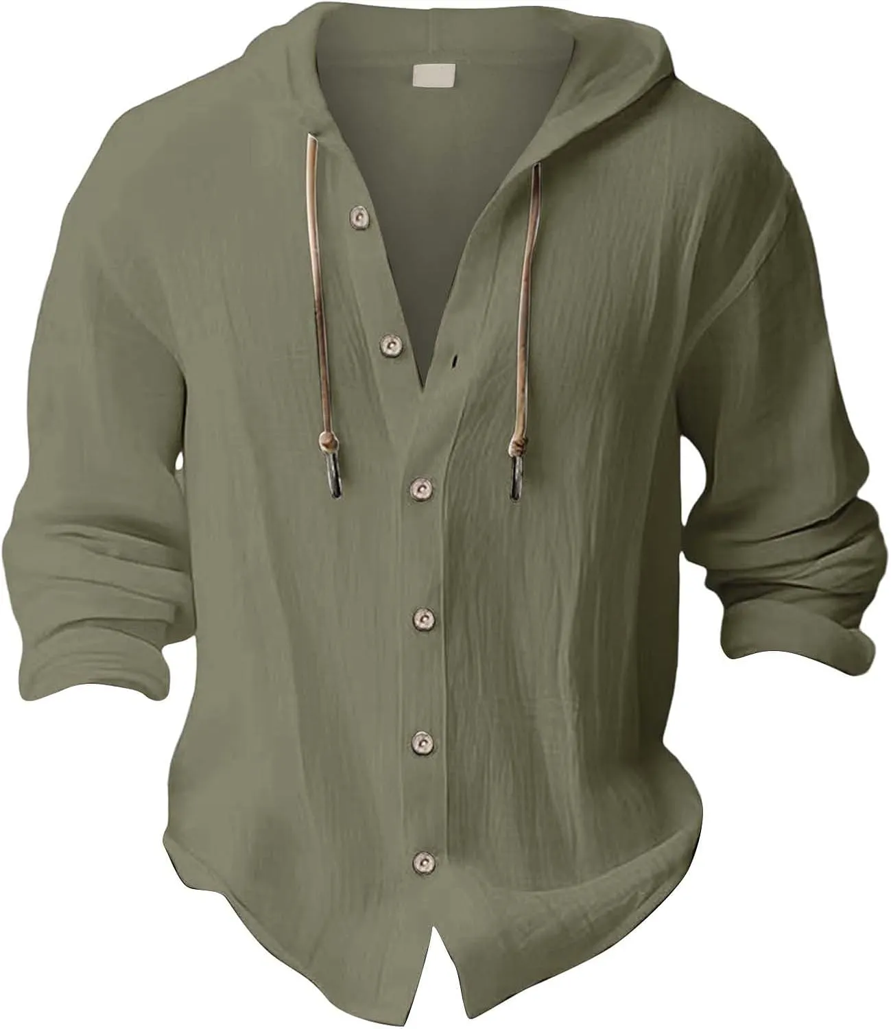 Linen Button Down Shirt for Men Casual Plain Hooded Tee Long Sleeve Summer Beach Vacation Drawstring Hoodie Shirts