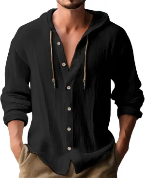 Linen Button Down Shirt for Men Casual Plain Hooded Tee Long Sleeve Summer Beach Vacation Drawstring Hoodie Shirts