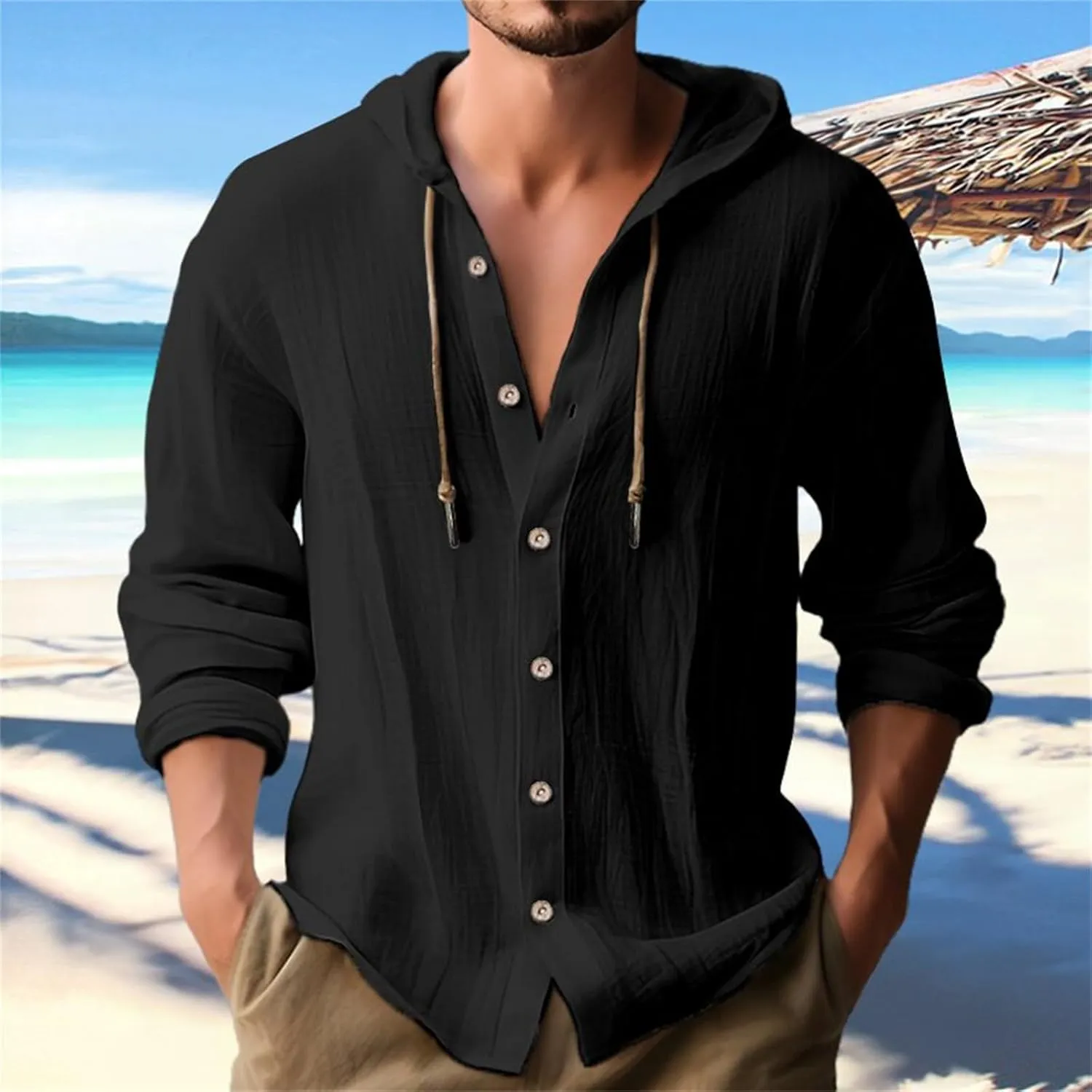 Linen Button Down Shirt for Men Casual Plain Hooded Tee Long Sleeve Summer Beach Vacation Drawstring Hoodie Shirts