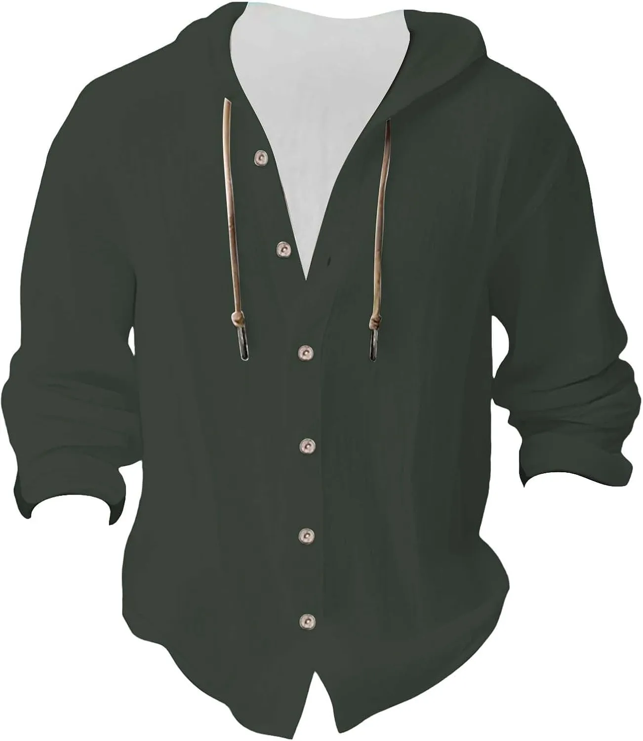 Linen Button Down Shirt for Men Casual Plain Hooded Tee Long Sleeve Summer Beach Vacation Drawstring Hoodie Shirts