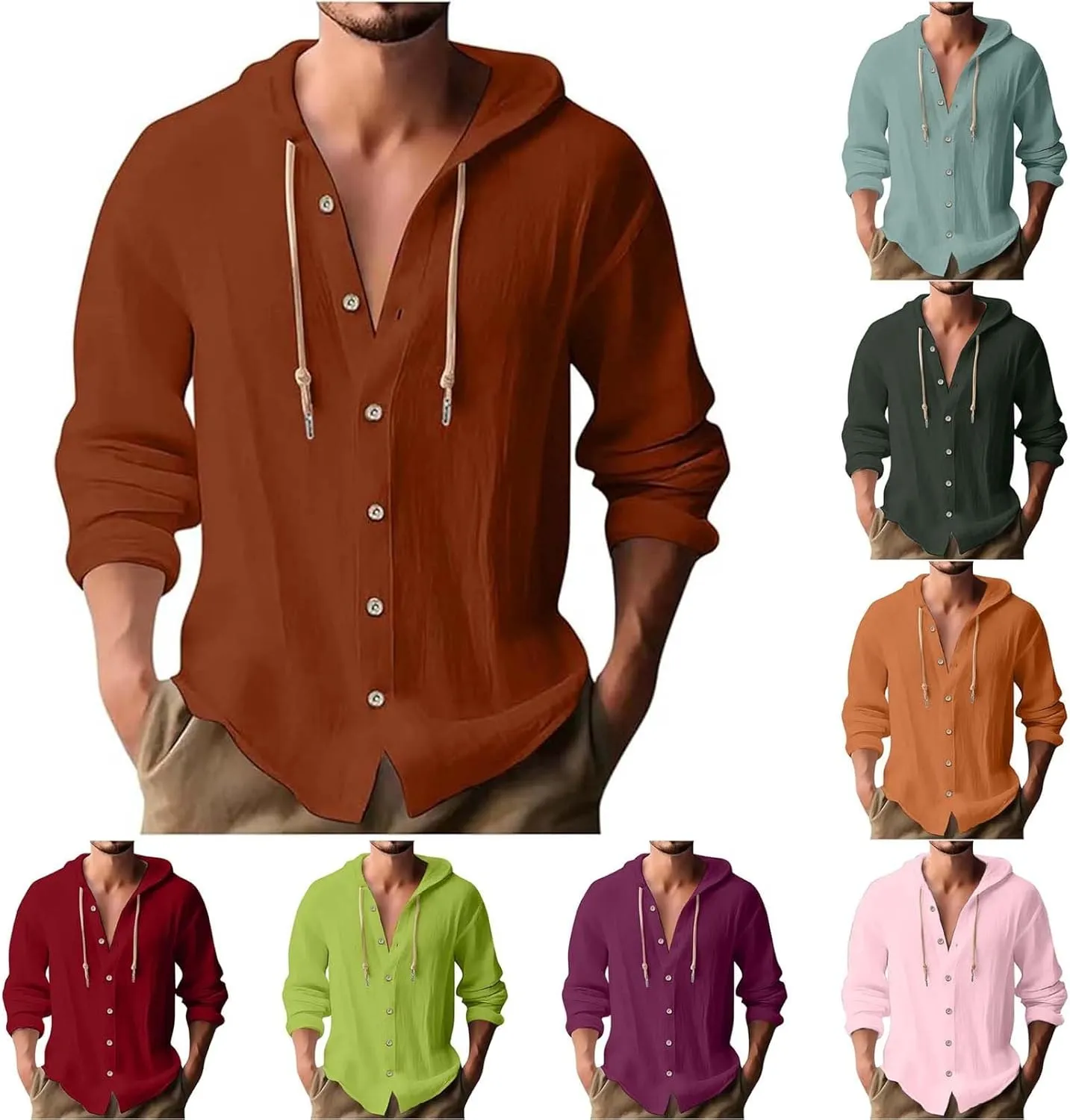 Linen Button Down Shirt for Men Casual Plain Hooded Tee Long Sleeve Summer Beach Vacation Drawstring Hoodie Shirts