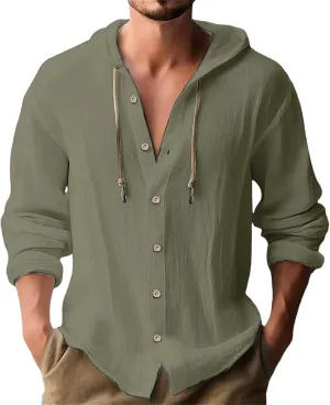 Linen Button Down Shirt for Men Casual Plain Hooded Tee Long Sleeve Summer Beach Vacation Drawstring Hoodie Shirts