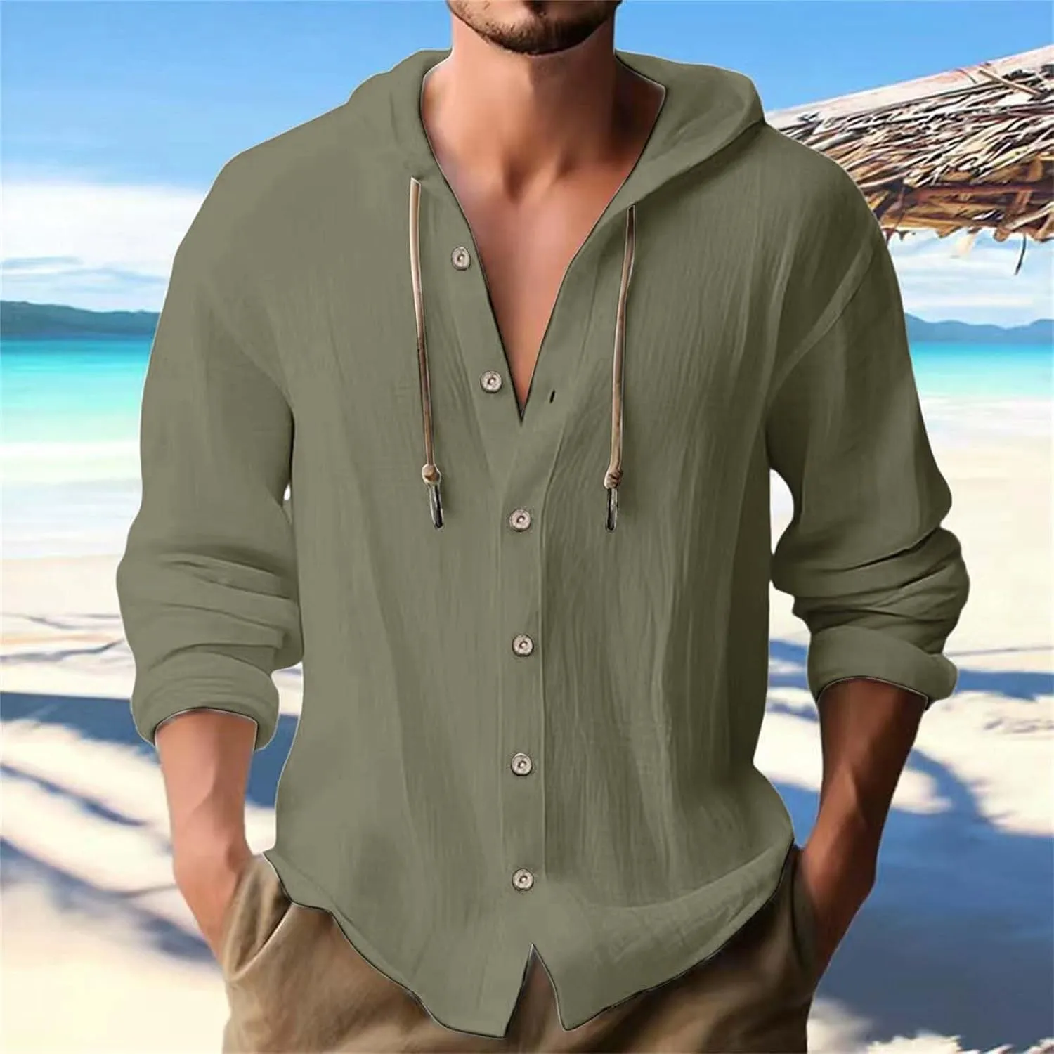 Linen Button Down Shirt for Men Casual Plain Hooded Tee Long Sleeve Summer Beach Vacation Drawstring Hoodie Shirts