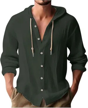 Linen Button Down Shirt for Men Casual Plain Hooded Tee Long Sleeve Summer Beach Vacation Drawstring Hoodie Shirts