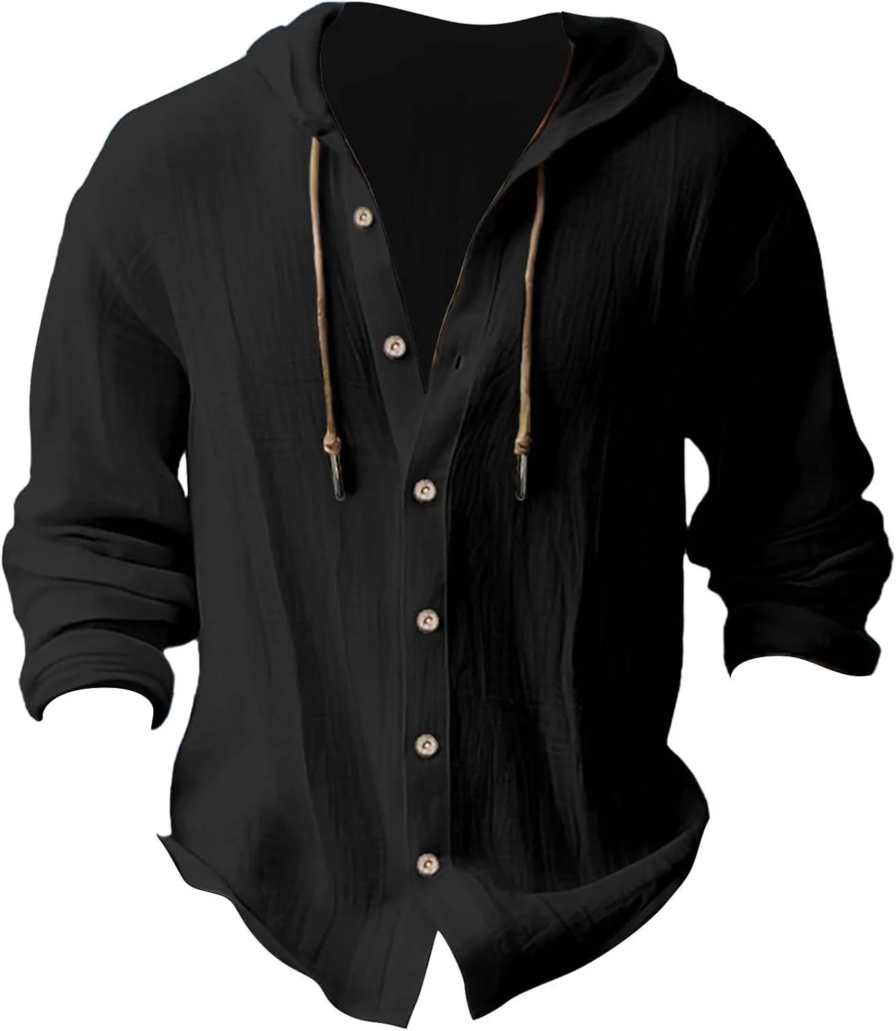 Linen Button Down Shirt for Men Casual Plain Hooded Tee Long Sleeve Summer Beach Vacation Drawstring Hoodie Shirts