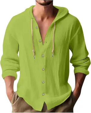 Linen Button Down Shirt for Men Casual Plain Hooded Tee Long Sleeve Summer Beach Vacation Drawstring Hoodie Shirts
