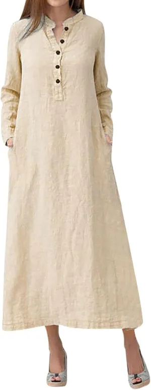 Linen Dresses for Women Button Down Long Sleeve Maxi Loose Dress Casual Flowy Summer Fashion Shirt Dresses 2024