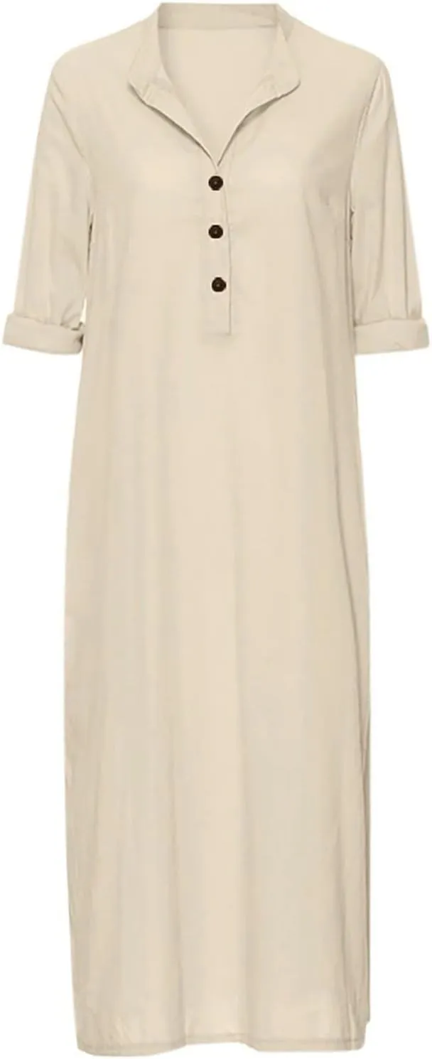 Linen Dresses for Women Button Down Long Sleeve Maxi Loose Dress Casual Flowy Summer Fashion Shirt Dresses 2024