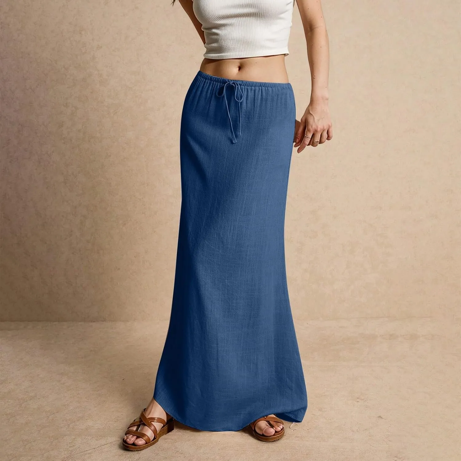 Linen Long Skirts for Women Trendy Summer Drawstring A Line Solid Maxi Skirts Beach Vacation Boho Flowy Skirts