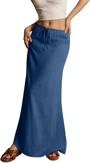 Linen Long Skirts for Women Trendy Summer Drawstring A Line Solid Maxi Skirts Beach Vacation Boho Flowy Skirts