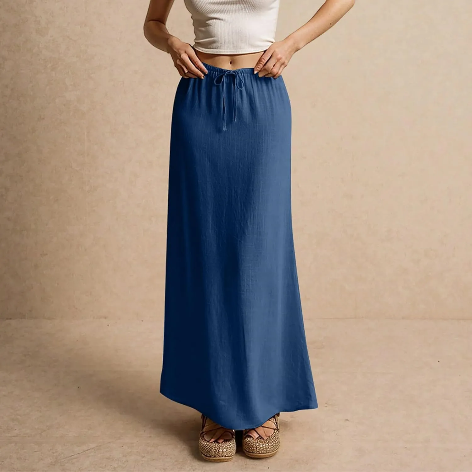 Linen Long Skirts for Women Trendy Summer Drawstring A Line Solid Maxi Skirts Beach Vacation Boho Flowy Skirts
