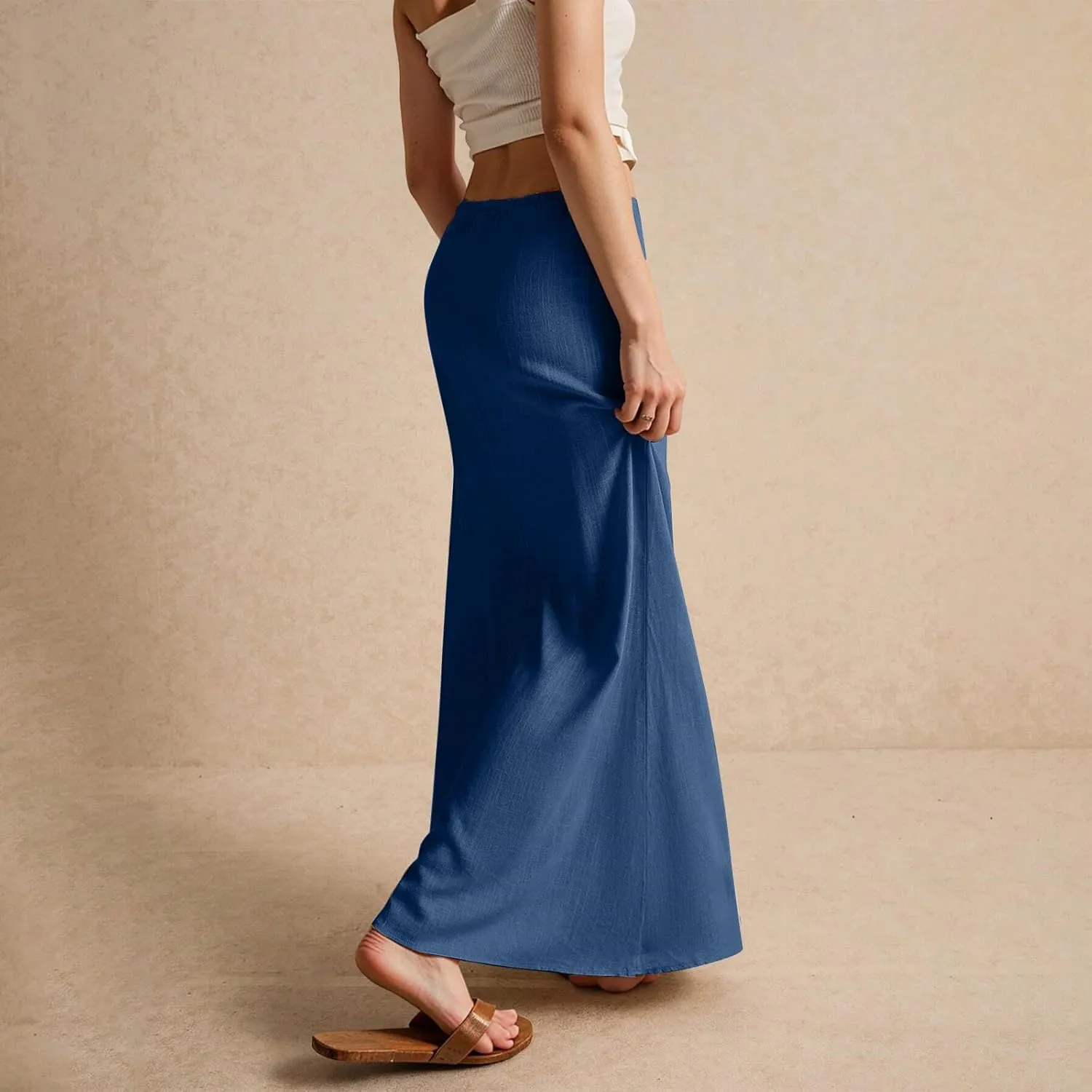 Linen Long Skirts for Women Trendy Summer Drawstring A Line Solid Maxi Skirts Beach Vacation Boho Flowy Skirts