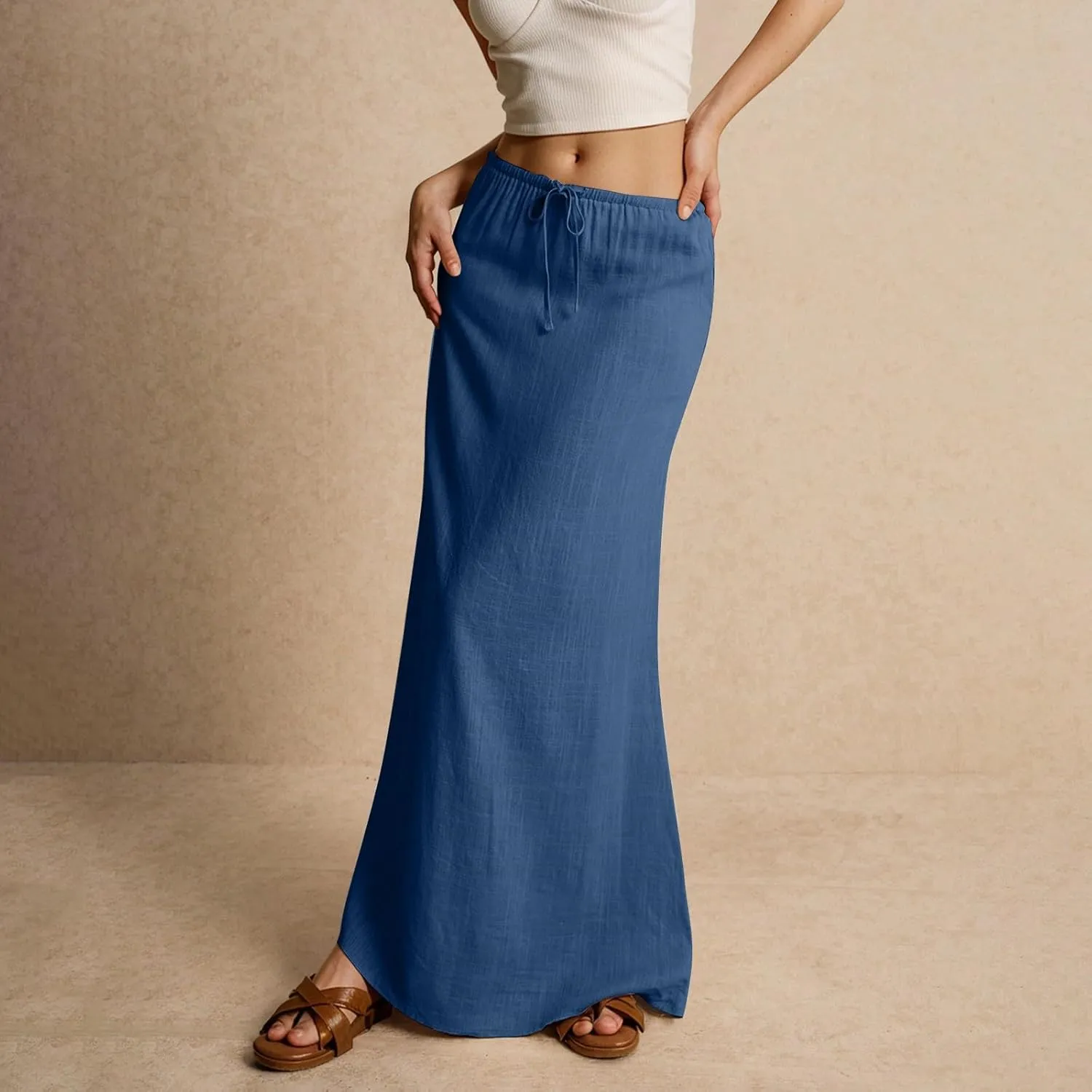 Linen Long Skirts for Women Trendy Summer Drawstring A Line Solid Maxi Skirts Beach Vacation Boho Flowy Skirts