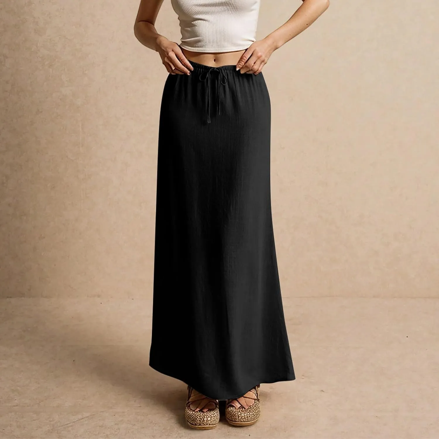 Linen Maxi Skirt for Women 2025 Summer Boho Flowy Long Skirts Drawstring Waist Y2k A Line Skirt Beach Cover Up Skirts