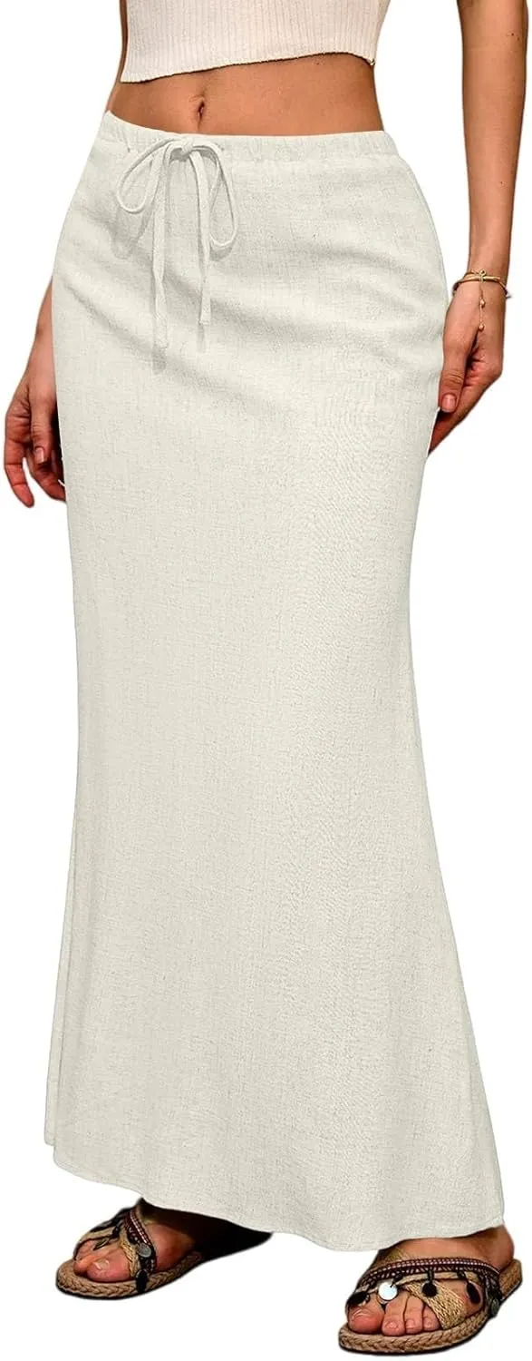 Linen Maxi Skirts for Women Summer Boho Low Rise A-Line Skirts Beach Vacation Long Flowy Fishtail Skirt with Back Slit