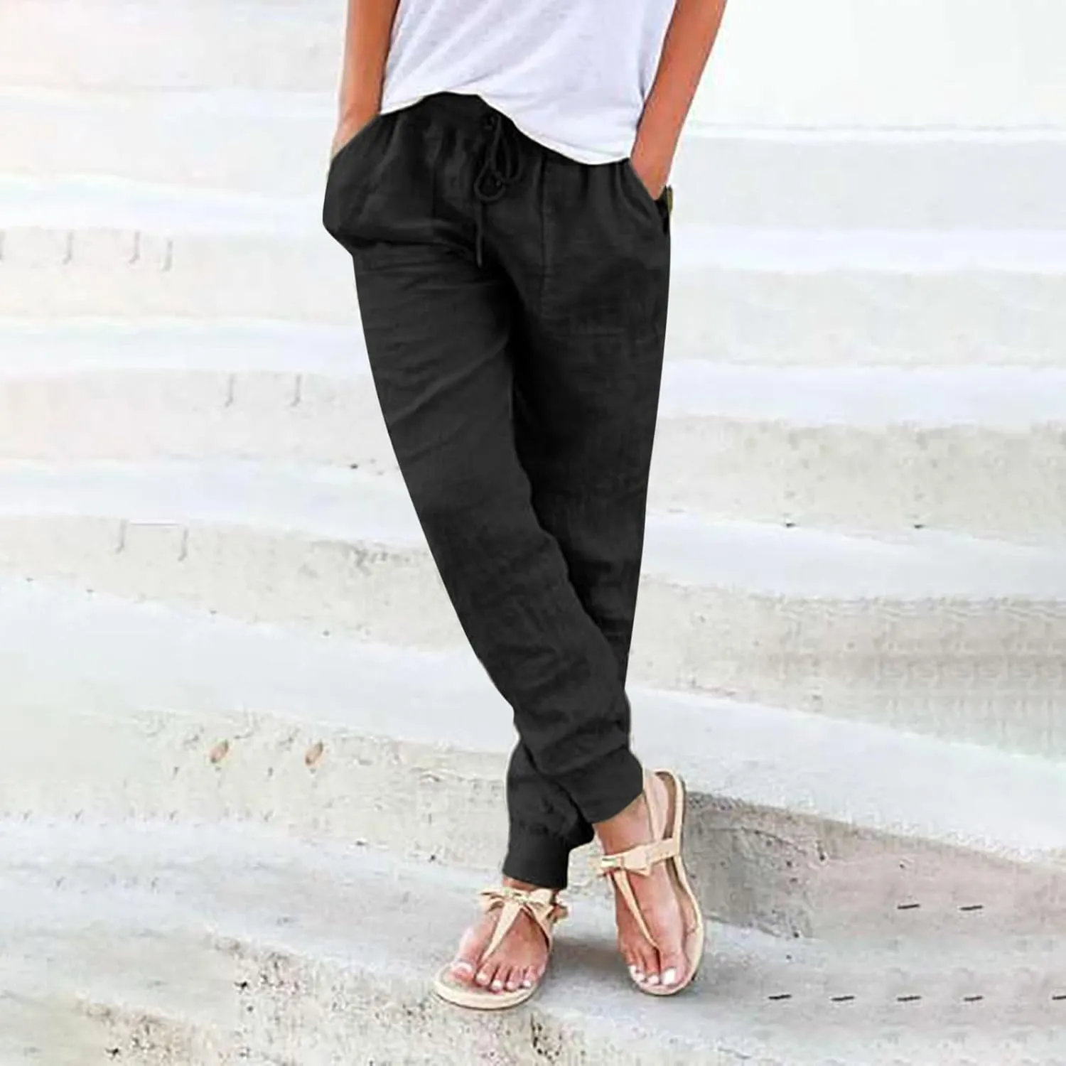 Linen Pants For Women 2025 Petite Summer Drawstring Elastic High Waist Comfy 2025 Lounge Vacation Tapered Trousers