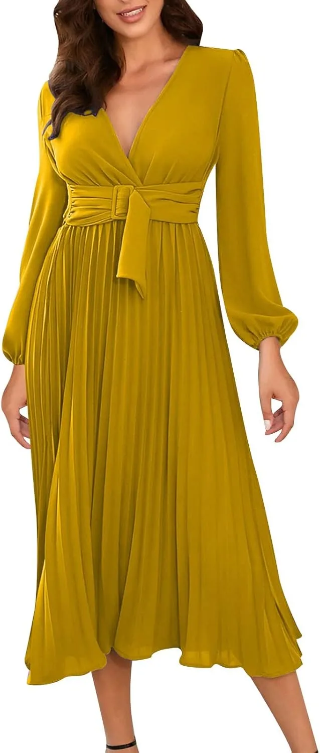 Linen Shirts for Women Loose Fit Women's Elegant Pleated Wrap Deep V Neck Midi Dress Flowy Ruffle Solid Belted Lantern Long Sleeve A-Line Cocktail Dress(Yellow,Medium)