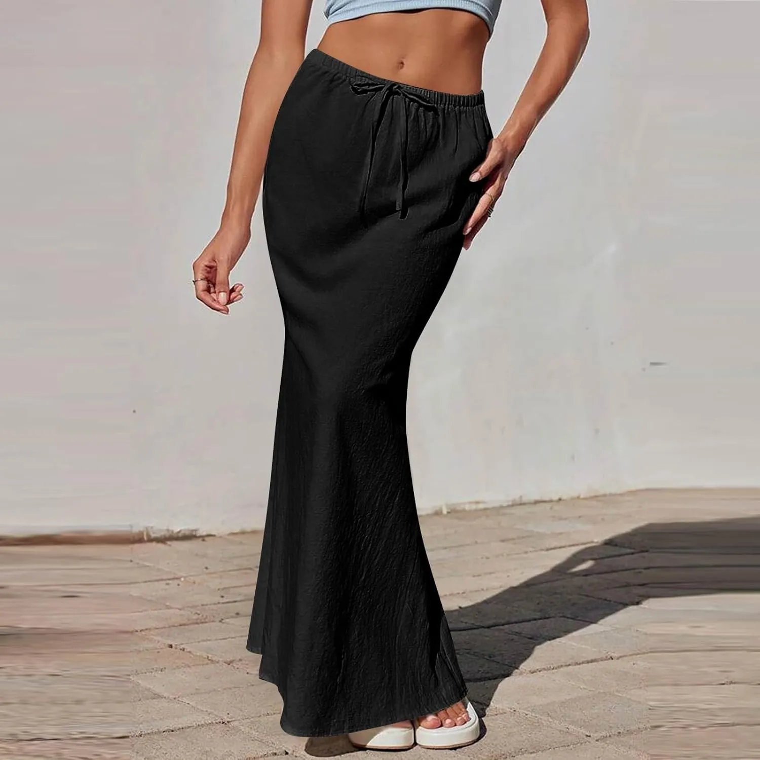 Long Skirts for Women Summer Linen Maxi Skirt Back Slit High Waisted A-Line Skirts Beach Drawstring Flowy Skirts