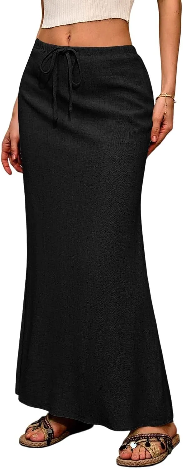 Long Skirts for Women Summer Linen Maxi Skirt Back Slit High Waisted A-Line Skirts Beach Drawstring Flowy Skirts