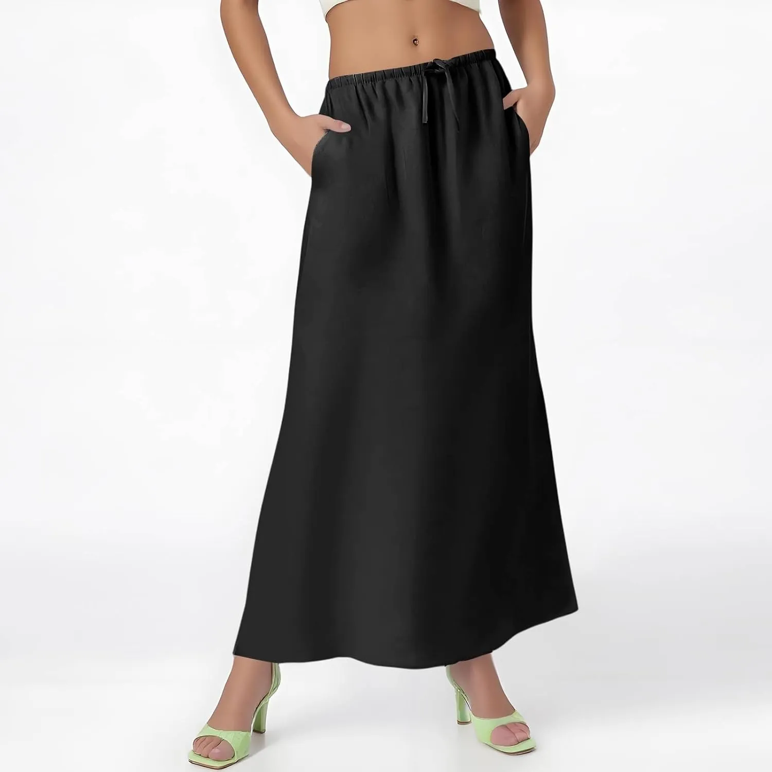 Long Skirts for Women Summer Linen Maxi Skirt Back Slit High Waisted A-Line Skirts Beach Drawstring Flowy Skirts