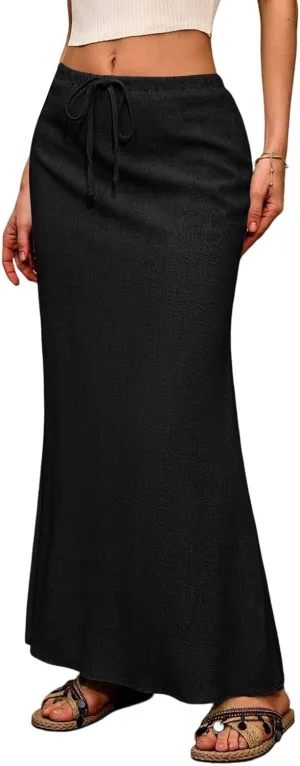 Long Skirts for Women Summer Linen Maxi Skirt Back Slit High Waisted A-Line Skirts Beach Drawstring Flowy Skirts